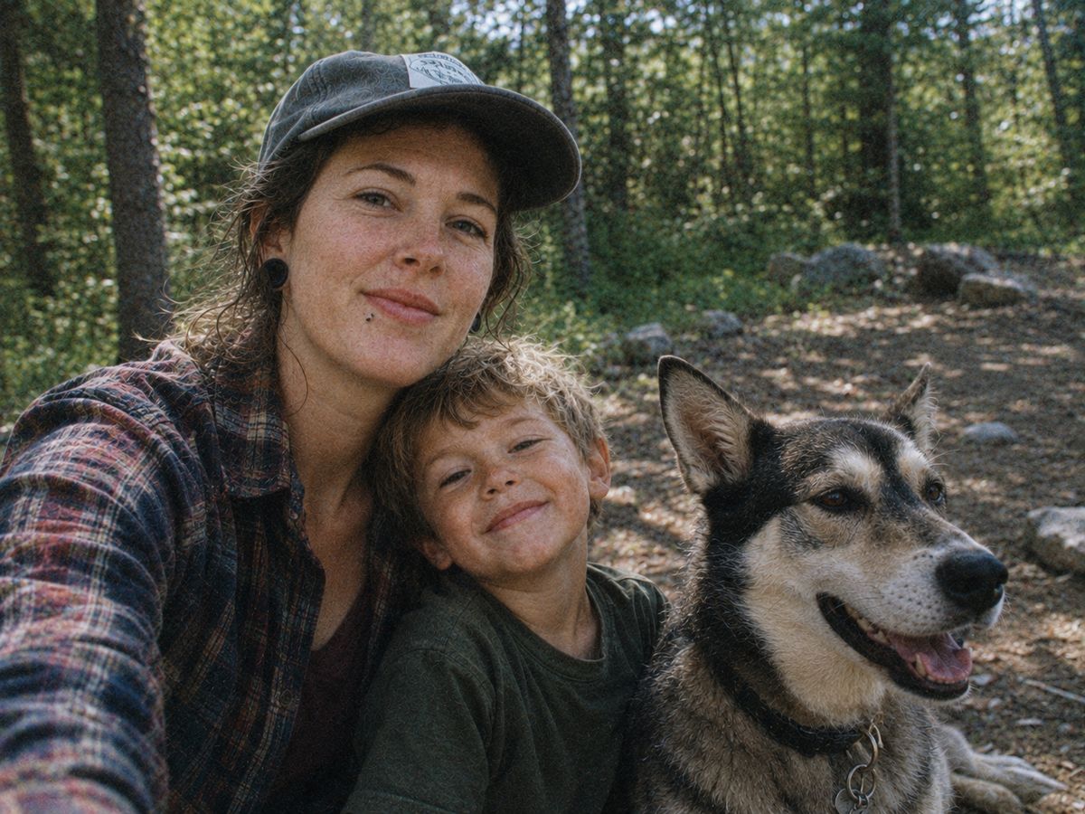 Maggie, owner of Pine & Paw Yard Cleaning, with her son and their dog