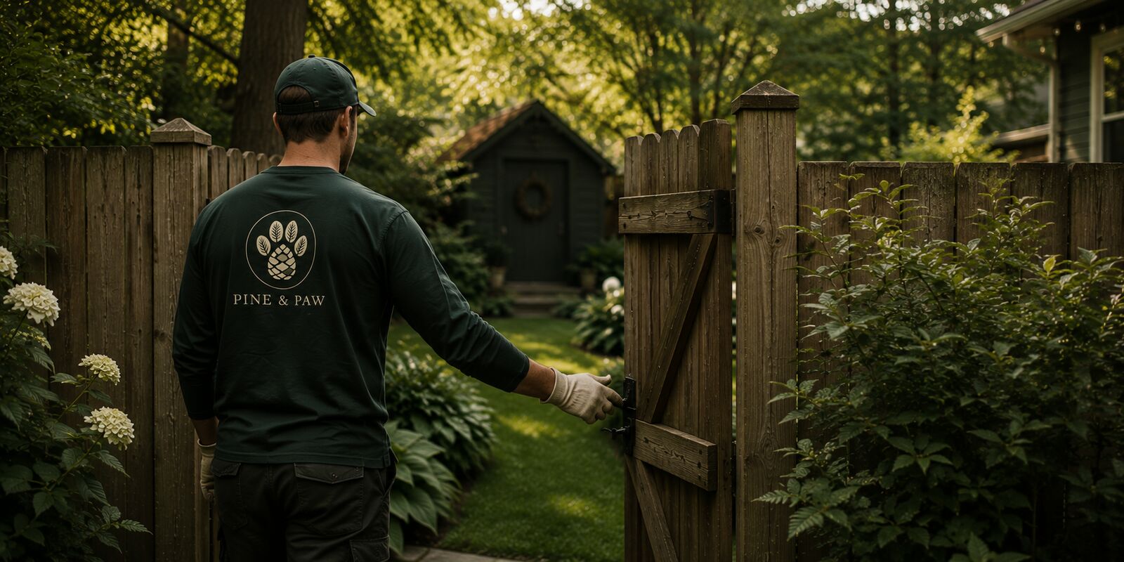 A Pine & Paw Yard Cleaning crew member entering a client's backyard through the gate