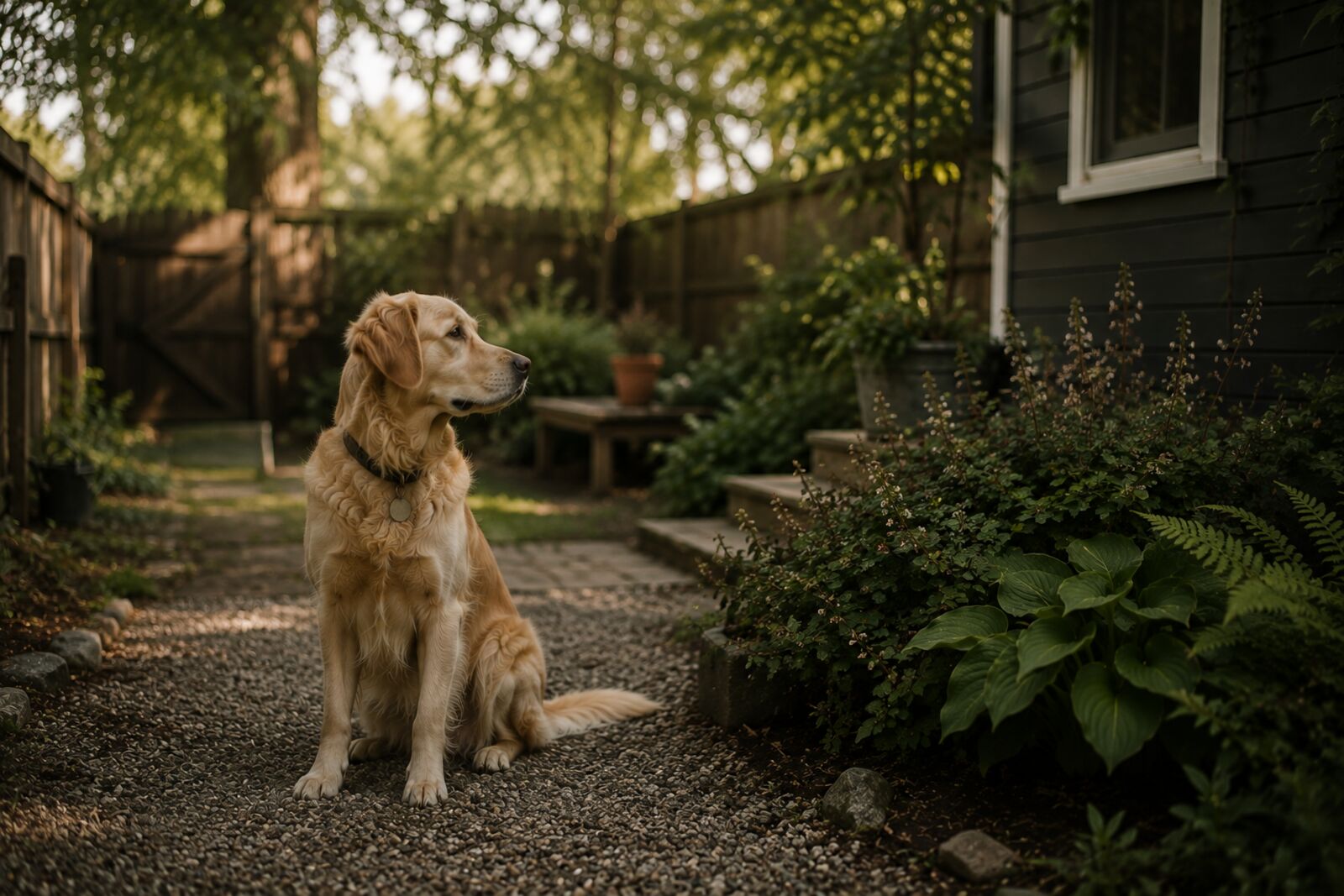 A calm golden retriever sitting in a tidy St. Paul backyard