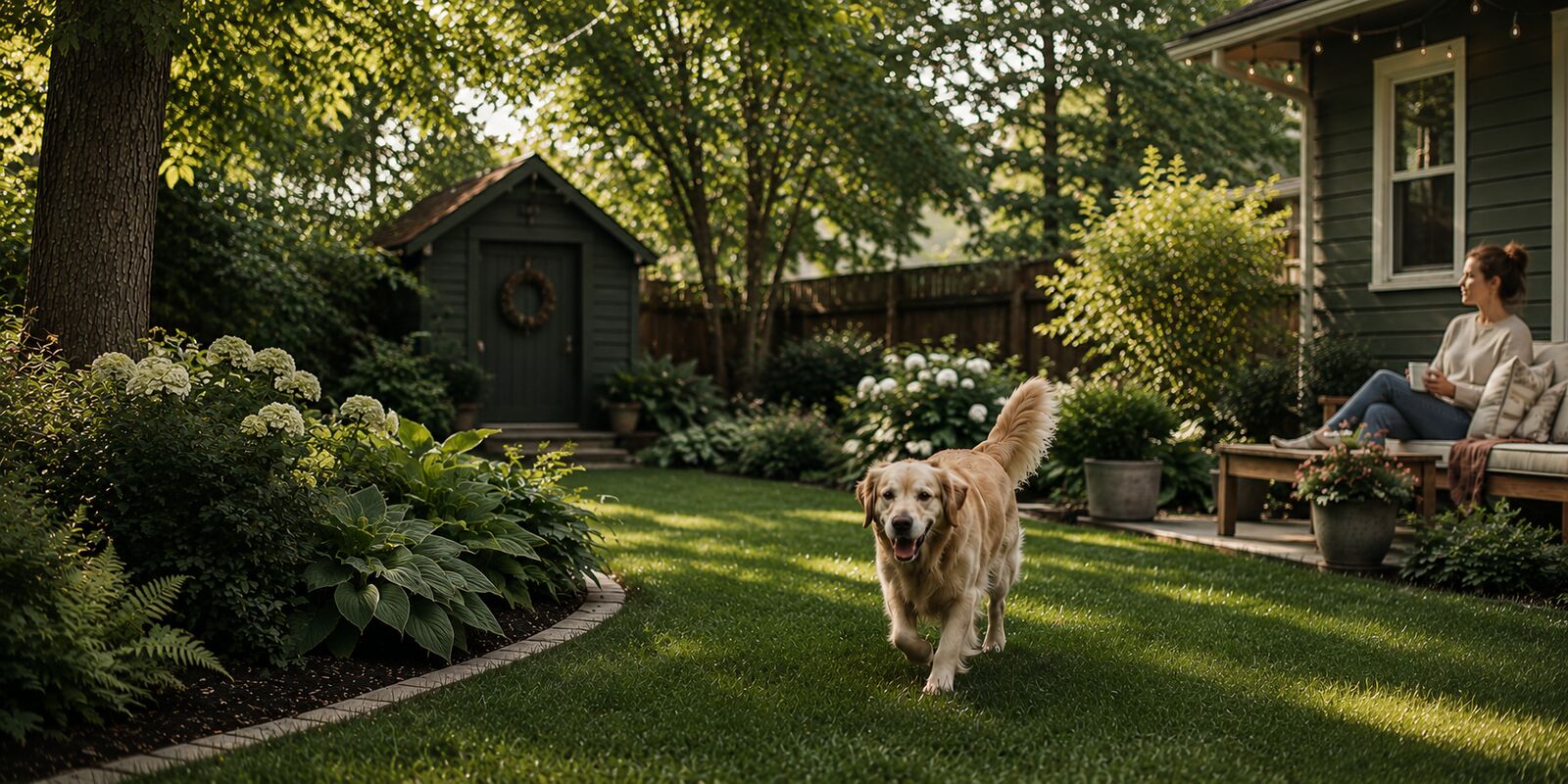 A golden retriever enjoying a freshly cleaned St. Paul backyard while its owner relaxes on the porch